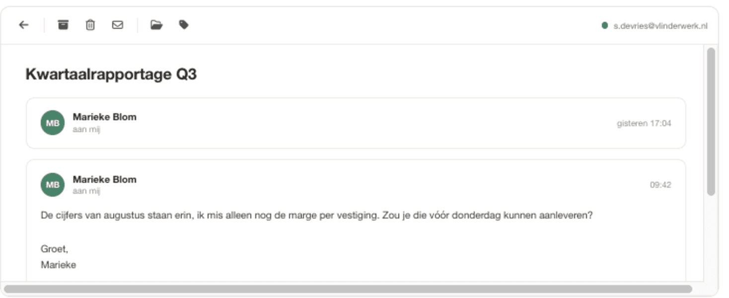 Een geopend e-mailgesprek in MailTabs met rechtsboven het actieve account